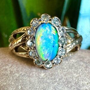 Elegant 18k Blue Opal and Diamond Halo  Ring